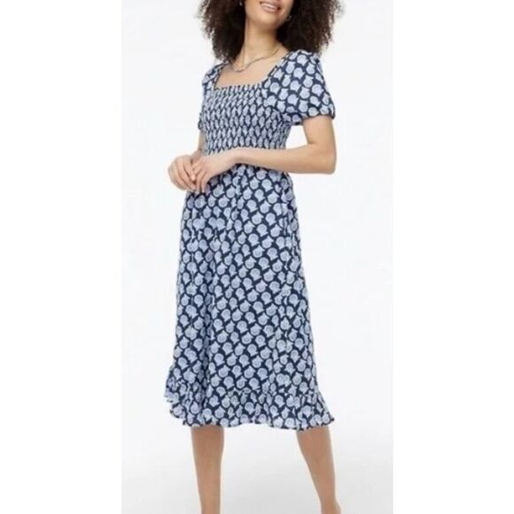 J. Crew Smocked Midi Dress with Puff Sleeves Sz. XS - Picture 1 of 7